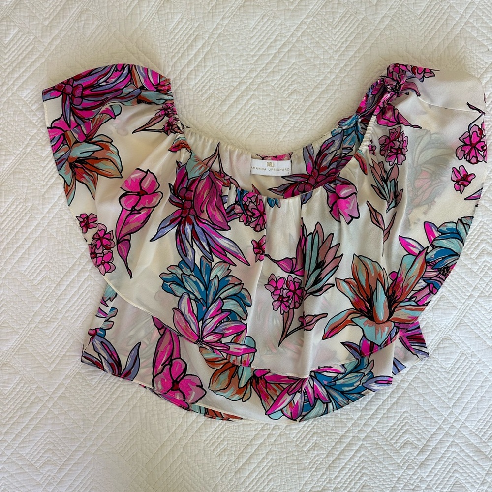 Amanda Uprichard Pink Ruffled Crop Blouse with Cap Sleeves